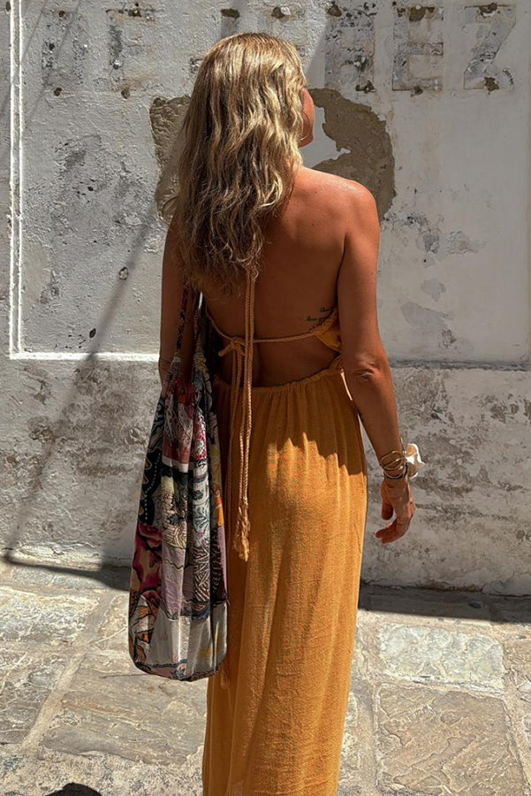 THE MONA | LINEN HALTER BACKLESS POCKET SLIT MIDI DRESS