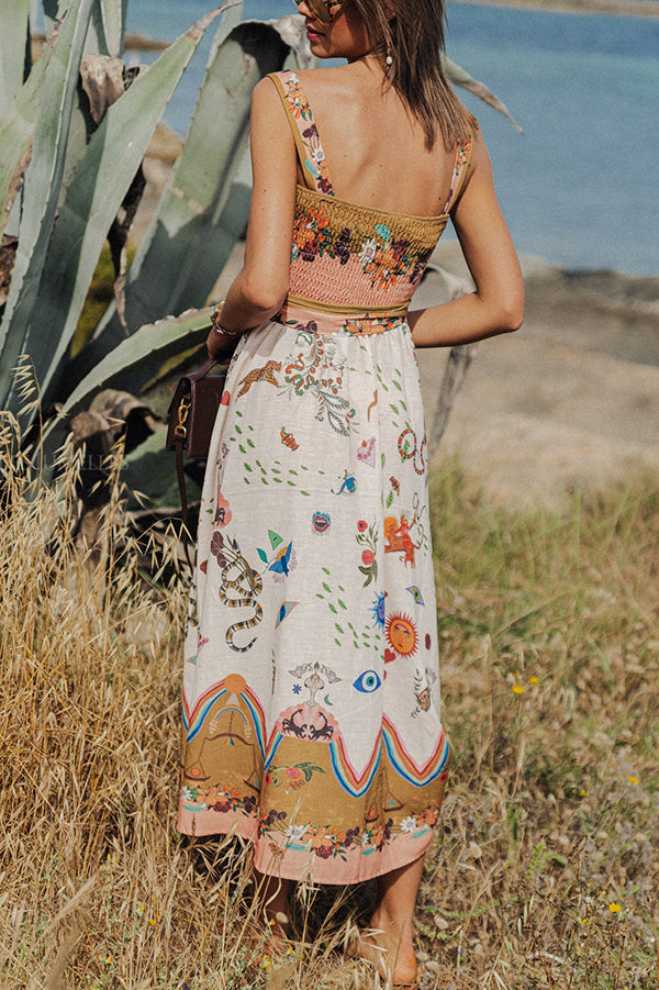 THE WANDA | LINEN SMOCKED BELT MIDI DRESS