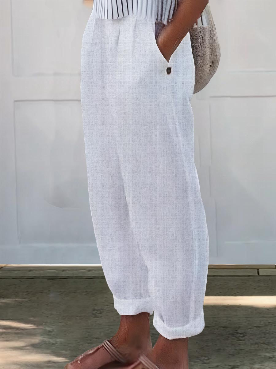 THE MYRA | PRINTED COTTON-LINEN CASUAL PANTS