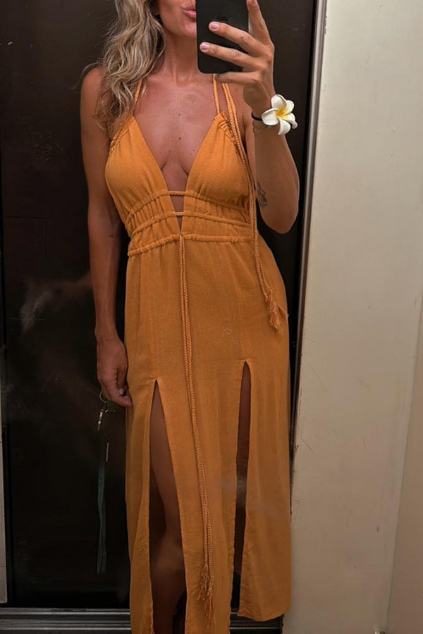 THE MONA | LINEN HALTER BACKLESS POCKET SLIT MIDI DRESS