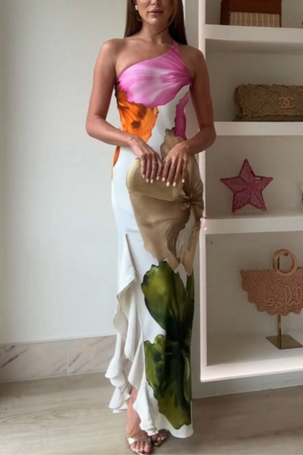 THE AMARILIS | ONE-SHOULDER FLORAL RUFFLE MAXI DRESS