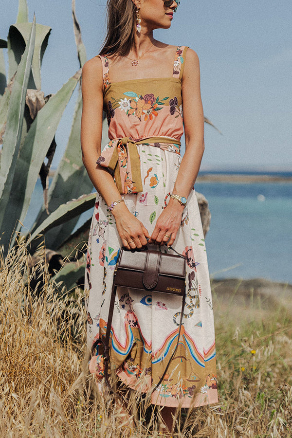 THE WANDA | LINEN SMOCKED BELT MIDI DRESS