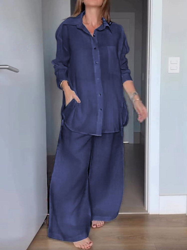 THE LENARIA | LAPEL CARDIGAN SHIRT & WIDE LEG PANTS SET