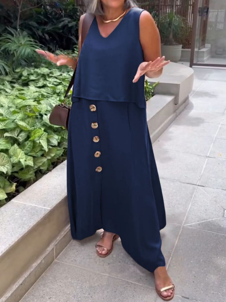 THE DALENYA | V-NECK SLEEVELESS TOP & BUTTON LINEN SKIRT SET