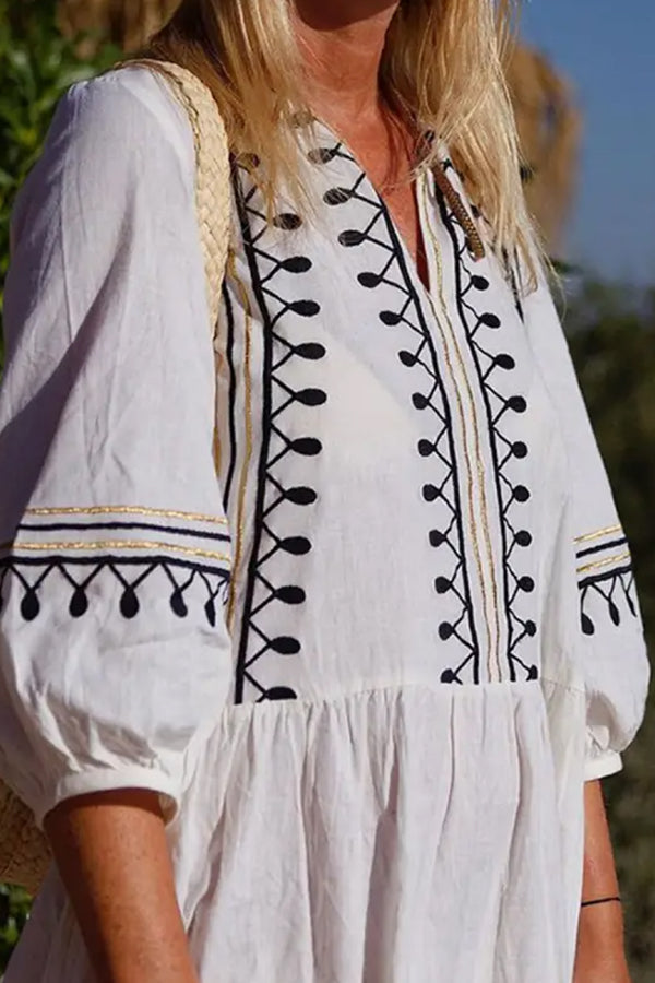 THE ELLA | LOOSE EMBROIDERED MID-SLEEVE MIDI DRESS