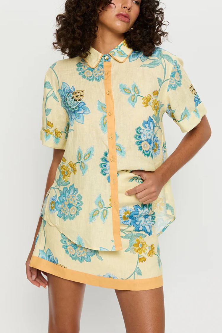 THE GISELLE | LINEN BLEND SHIRT AND ZIPPER MINI SKIRT SET