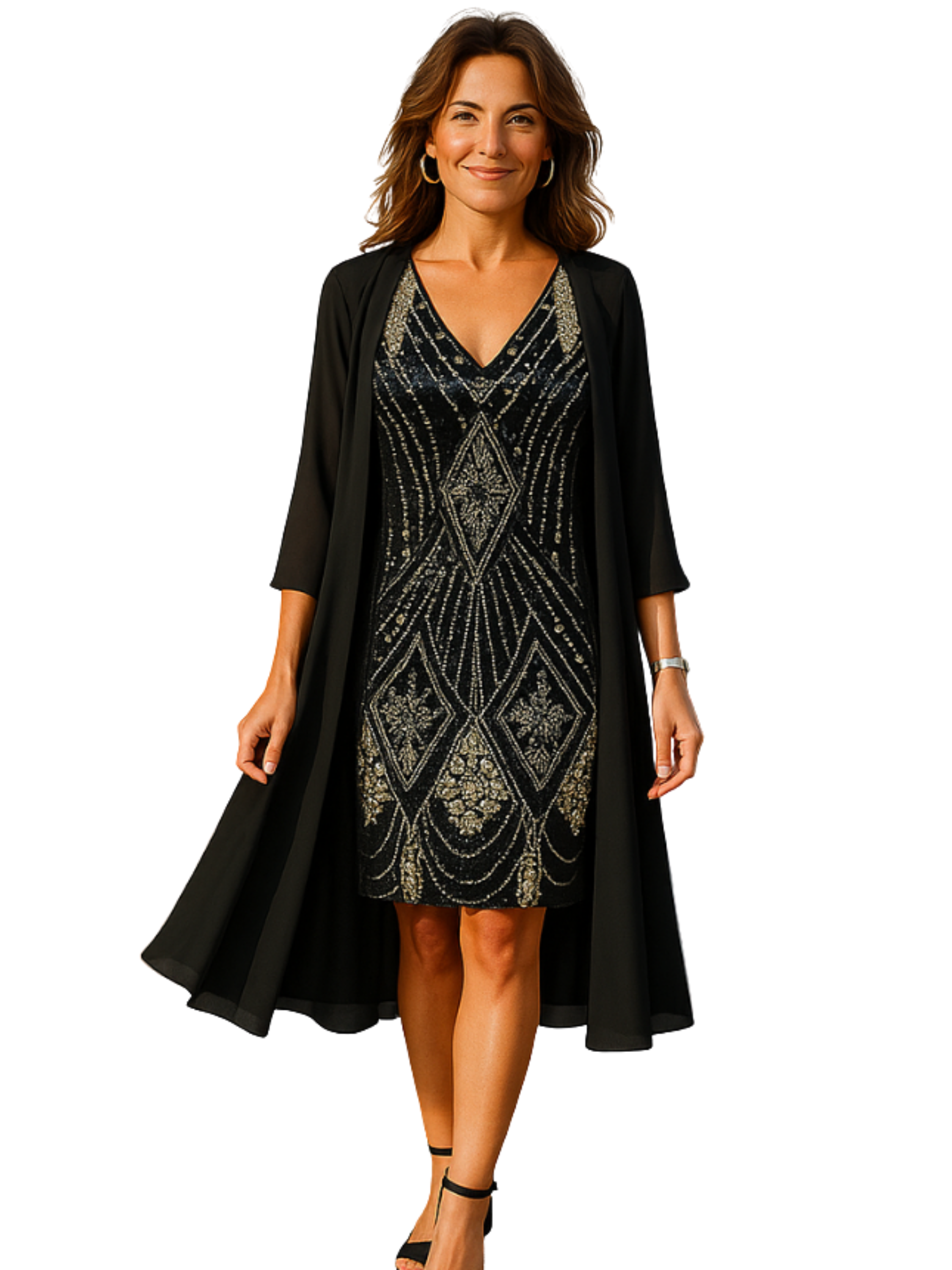 THE EVELINA | ELEGANT V-NECK DRESS & SHEER OVERLAY SET