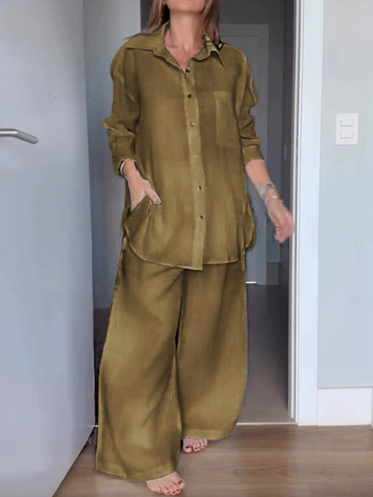 THE LENARIA | LAPEL CARDIGAN SHIRT & WIDE LEG PANTS SET