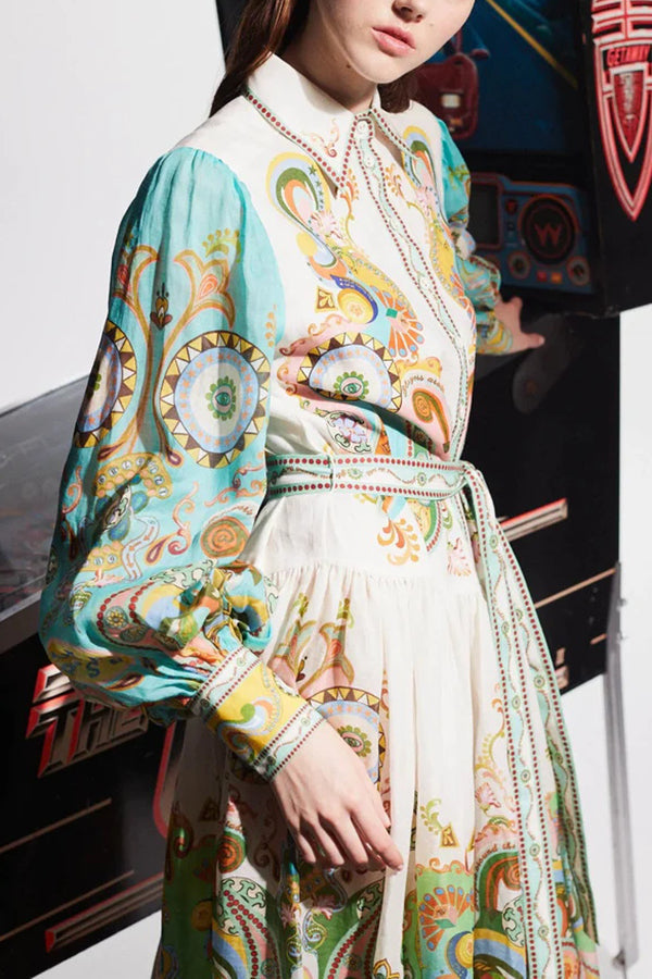 THE ELLEN | BALLOON SLEEVE BELT SHIRT MIDI DRESS