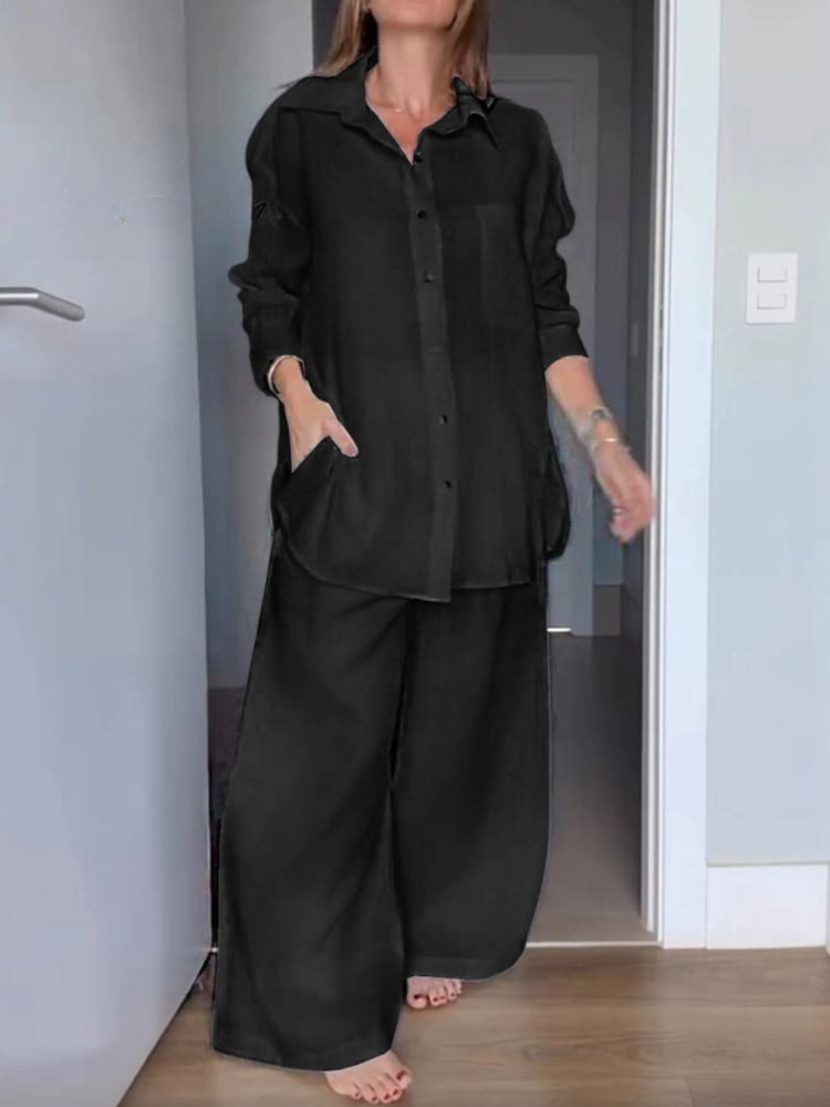 THE LENARIA | LAPEL CARDIGAN SHIRT & WIDE LEG PANTS SET
