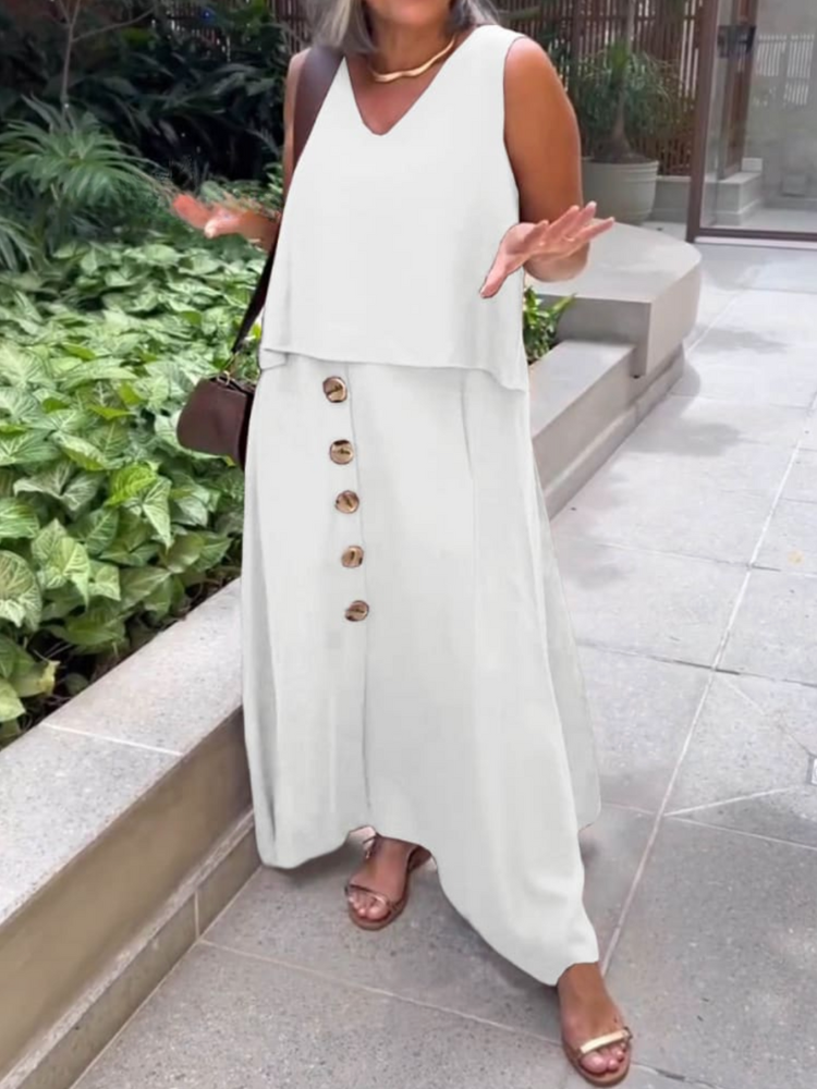 THE DALENYA | V-NECK SLEEVELESS TOP & BUTTON LINEN SKIRT SET