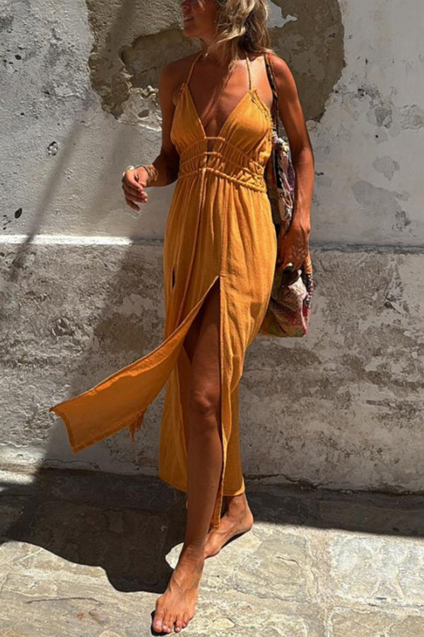THE MONA | LINEN HALTER BACKLESS POCKET SLIT MIDI DRESS