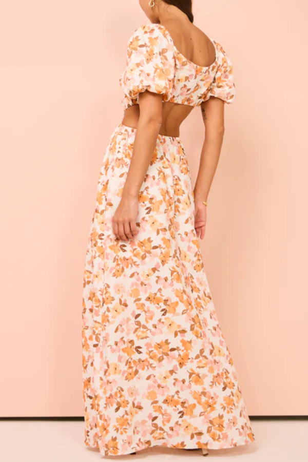 THE CHARLENE | PUFF SLEEVES PLEATED WAIST BACK LONG SKIRT