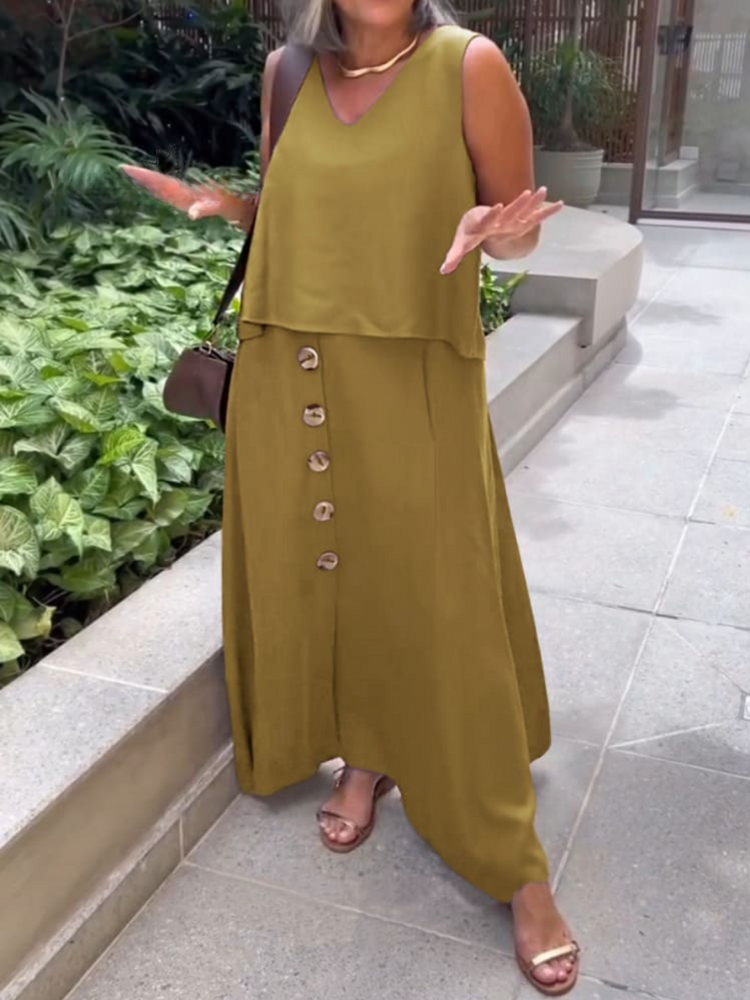 THE DALENYA | V-NECK SLEEVELESS TOP & BUTTON LINEN SKIRT SET