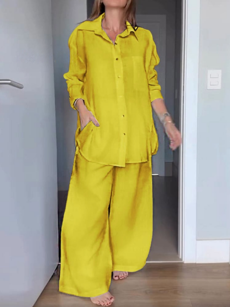THE LENARIA | LAPEL CARDIGAN SHIRT & WIDE LEG PANTS SET