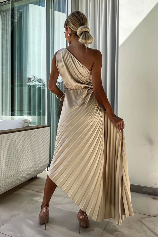 THE ROMANTIC | SATIN RAISED ONE SHOULDER PLEATED MAXI DRESS
