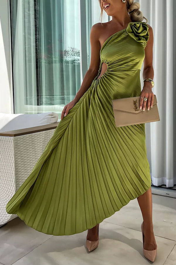 THE ROMANTIC | SATIN RAISED ONE SHOULDER PLEATED MAXI DRESS