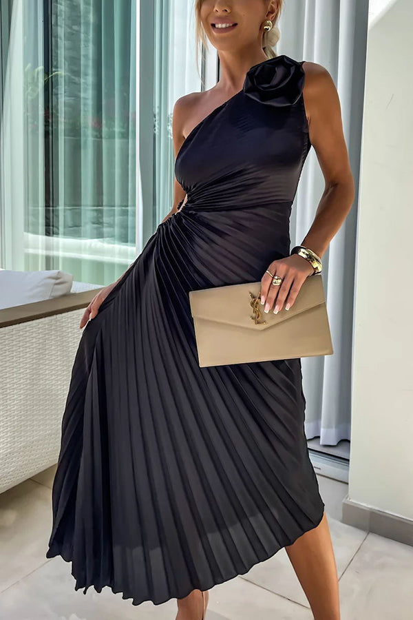 THE ROMANTIC | SATIN RAISED ONE SHOULDER PLEATED MAXI DRESS