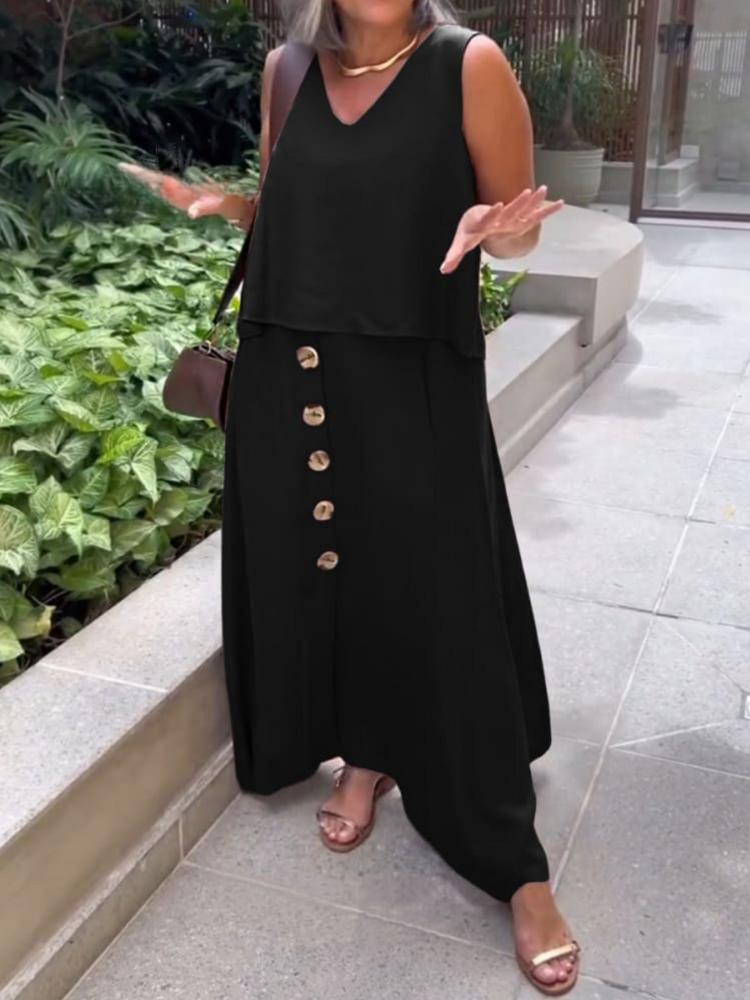 THE DALENYA | V-NECK SLEEVELESS TOP & BUTTON LINEN SKIRT SET