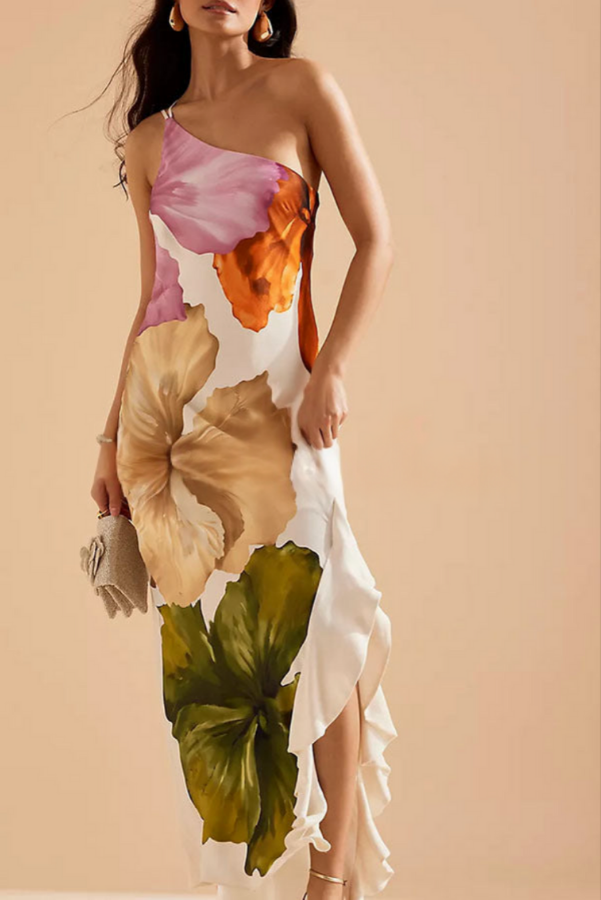 THE AMARILIS | ONE-SHOULDER FLORAL RUFFLE MAXI DRESS