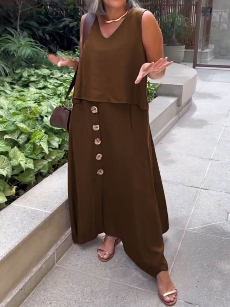 THE DALENYA | V-NECK SLEEVELESS TOP & BUTTON LINEN SKIRT SET