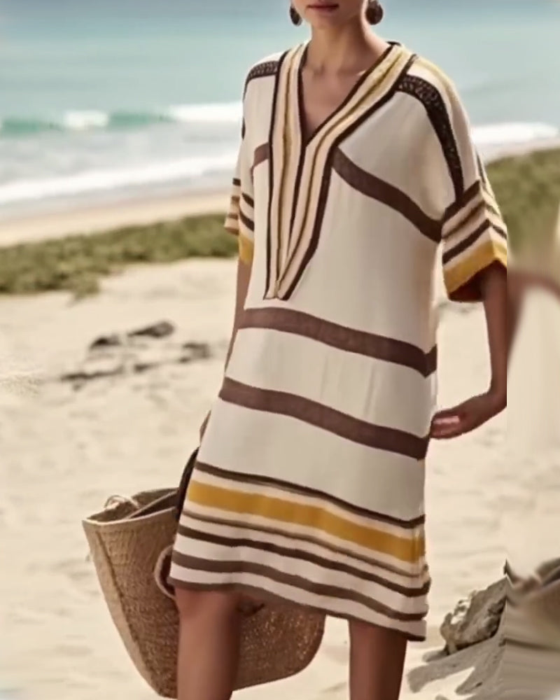 THE LORENA | ELEGANT STRIPED V-NECK DRESS
