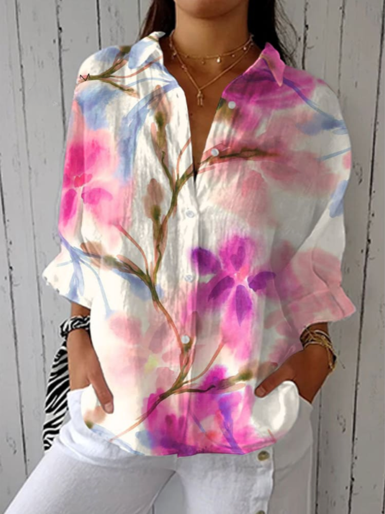 THE BLOOMERA | FRESH FLORAL COTTON V-NECK SHIRT