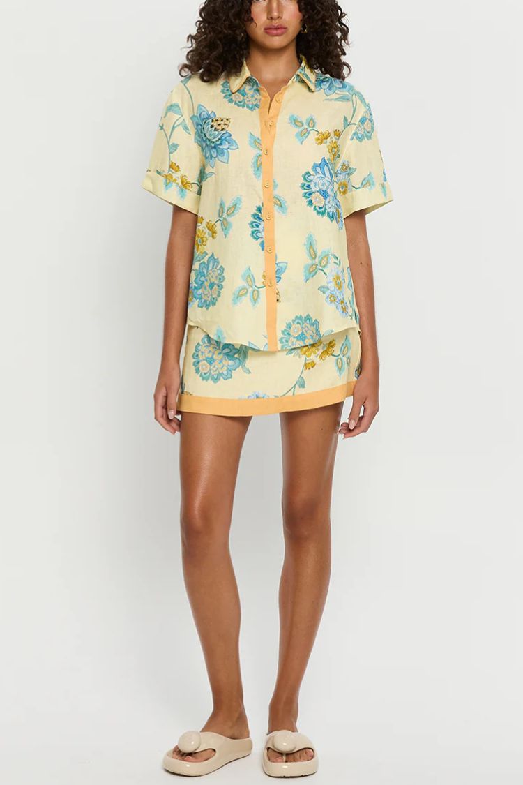 THE GISELLE | LINEN BLEND SHIRT AND ZIPPER MINI SKIRT SET