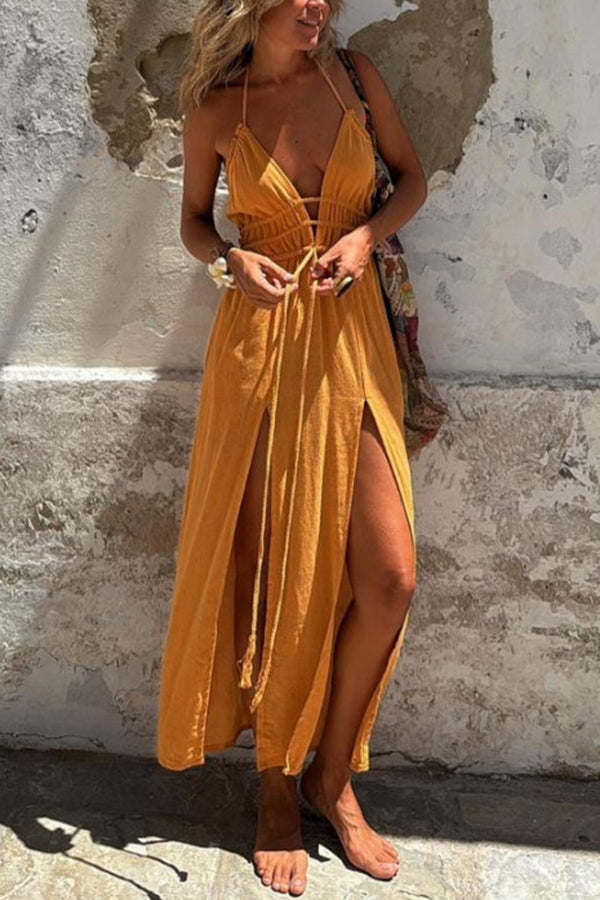 THE MONA | LINEN HALTER BACKLESS POCKET SLIT MIDI DRESS