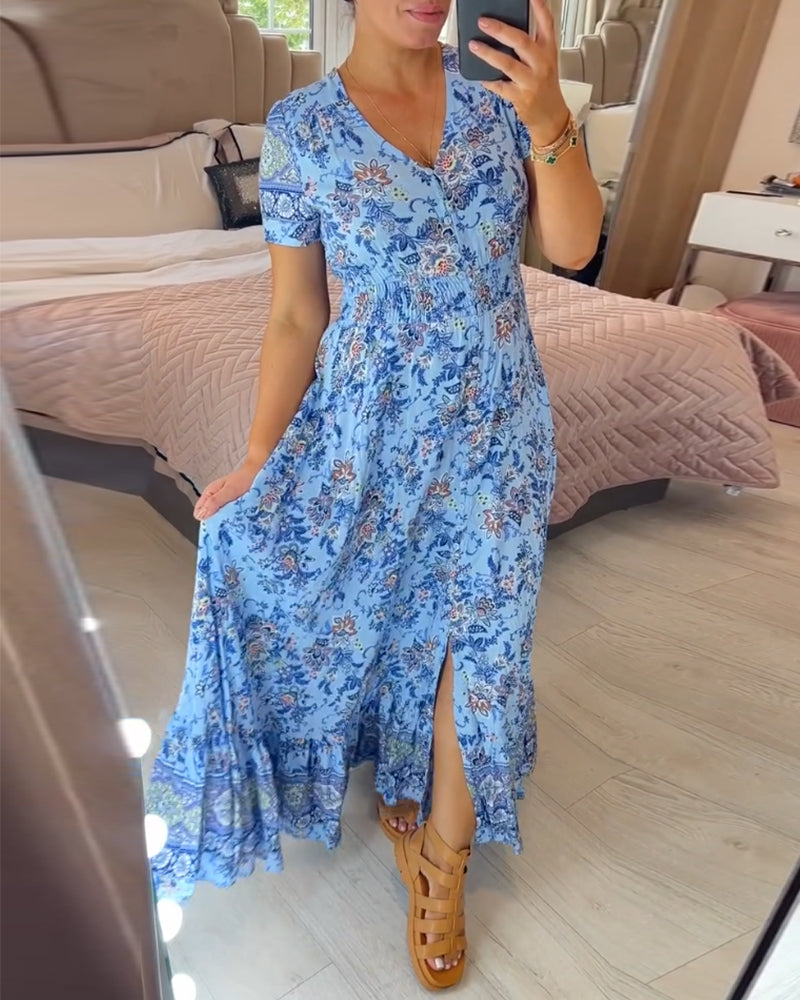 THE WIBIA | FLORAL V-NECK FLOW DRESS