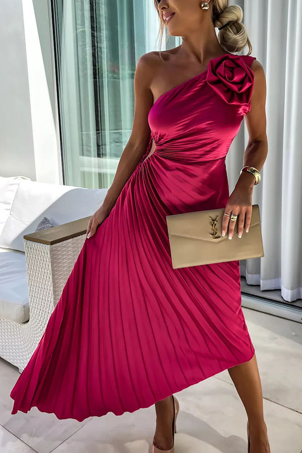 THE ROMANTIC | SATIN RAISED ONE SHOULDER PLEATED MAXI DRESS