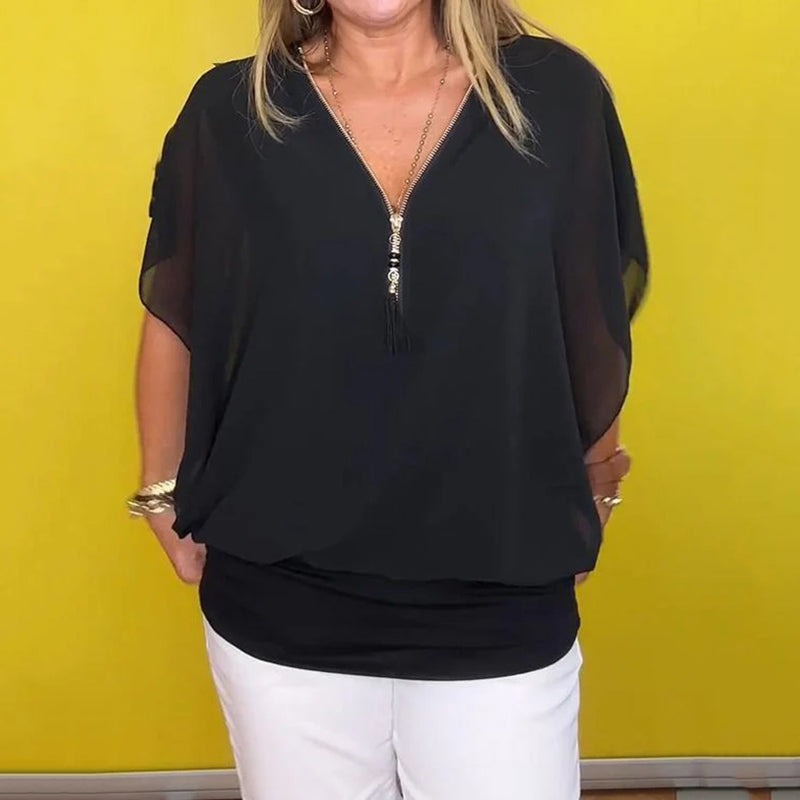 THE LINA | CHIFFON ZIP-COLLAR BLOUSE