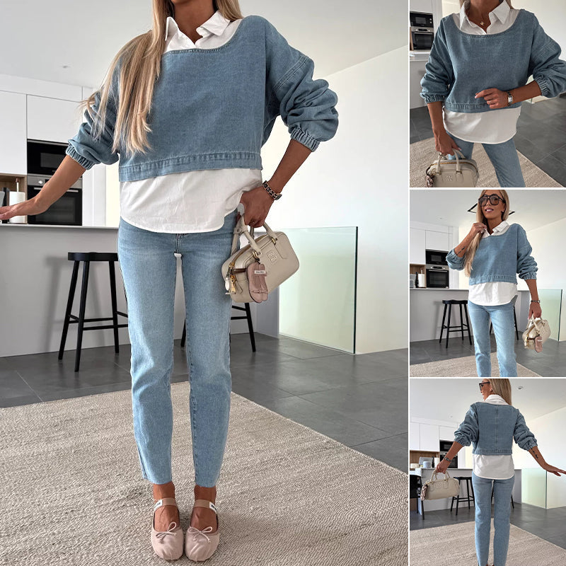 THE SUE | LONG-SLEEVED DENMIN TOP AND PANTS TWO-PIECE SET