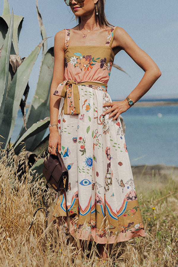 THE WANDA | LINEN SMOCKED BELT MIDI DRESS