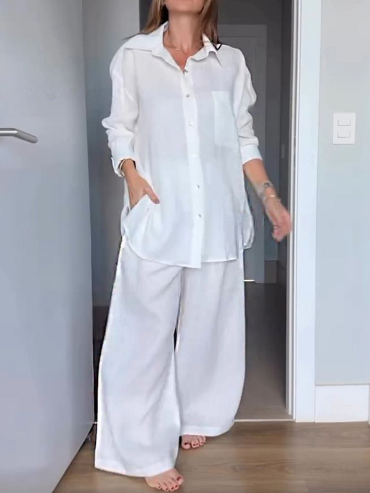 THE LENARIA | LAPEL CARDIGAN SHIRT & WIDE LEG PANTS SET