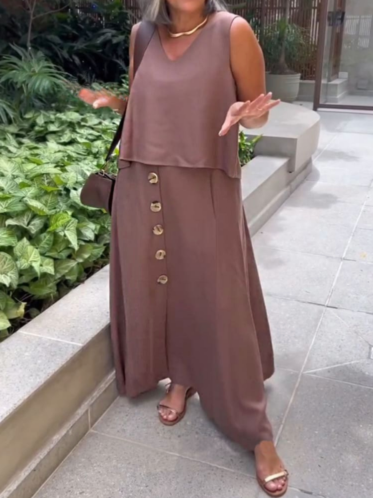 THE DALENYA | V-NECK SLEEVELESS TOP & BUTTON LINEN SKIRT SET