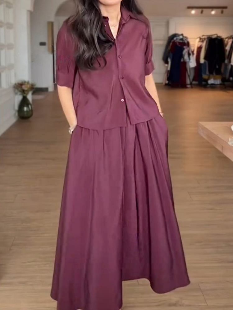 THE LYANA | SHORT SLEEVE BUTTON BLOUSE & FLOWY SKIRT SET