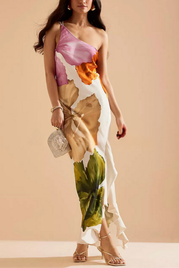 THE AMARILIS | ONE-SHOULDER FLORAL RUFFLE MAXI DRESS