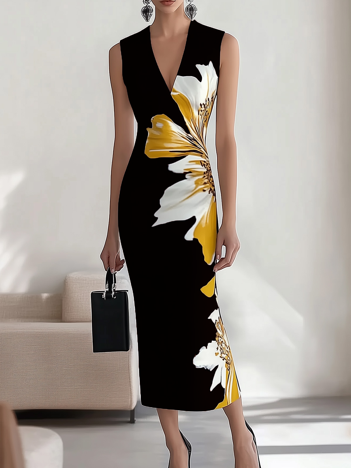 THE AZURA | FLORAL V-NECK SLEEVELESS DRESS