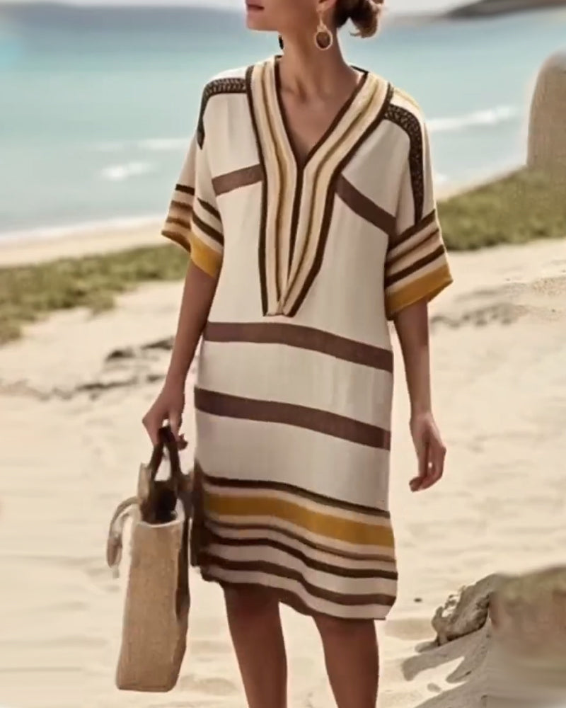 THE LORENA | ELEGANT STRIPED V-NECK DRESS