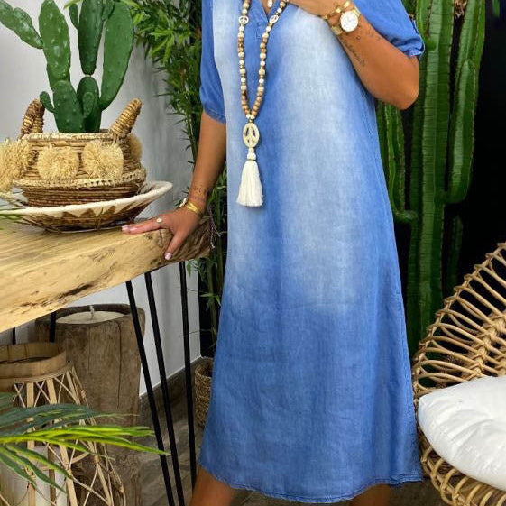 THE LOREVA | V-NECK MID-DENIM SUMMER DRESS
