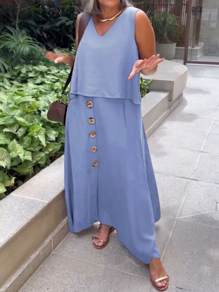 THE DALENYA | V-NECK SLEEVELESS TOP & BUTTON LINEN SKIRT SET