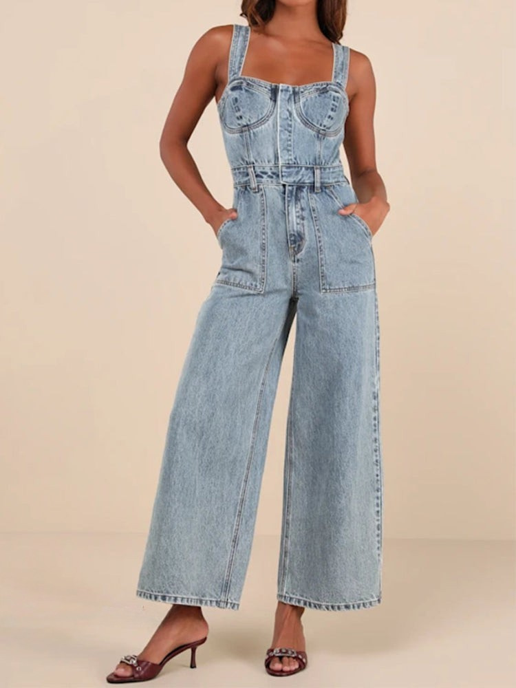 THE DELARA | LIGHT WASH DENIM BUSTIER JUMPSUIT
