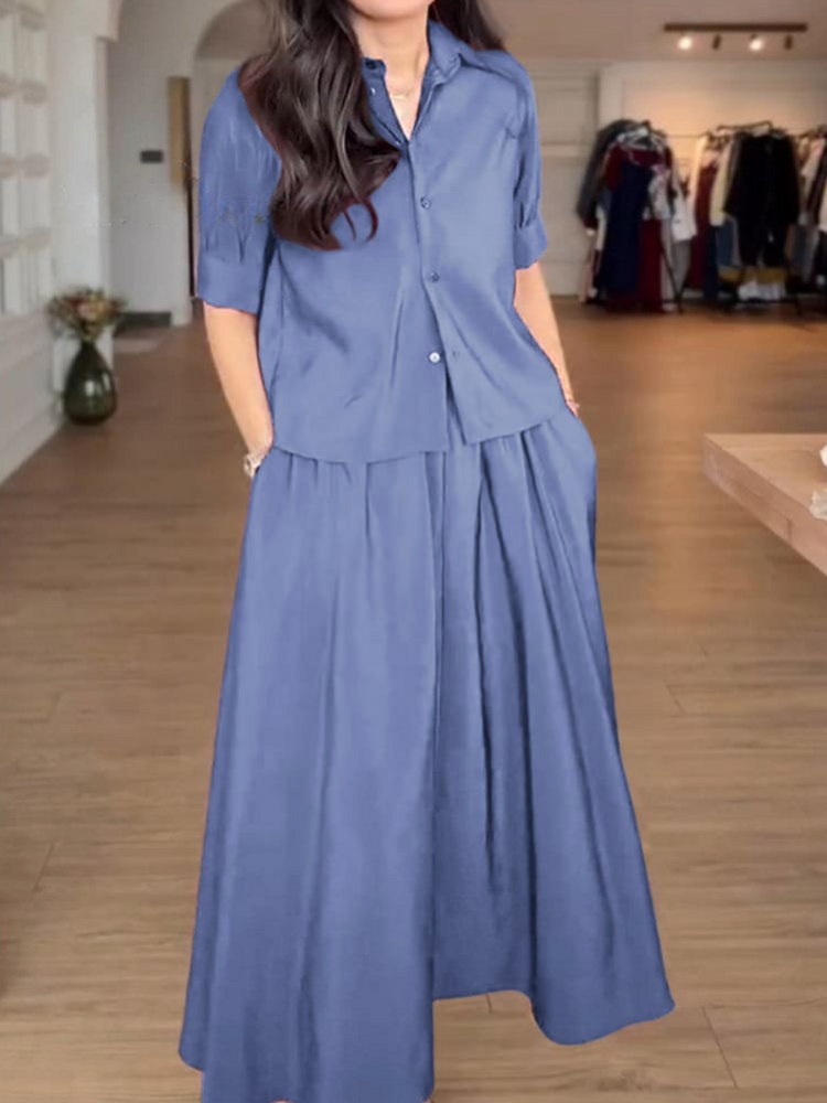 THE LYANA | SHORT SLEEVE BUTTON BLOUSE & FLOWY SKIRT SET