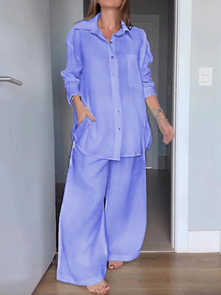 THE LENARIA | LAPEL CARDIGAN SHIRT & WIDE LEG PANTS SET
