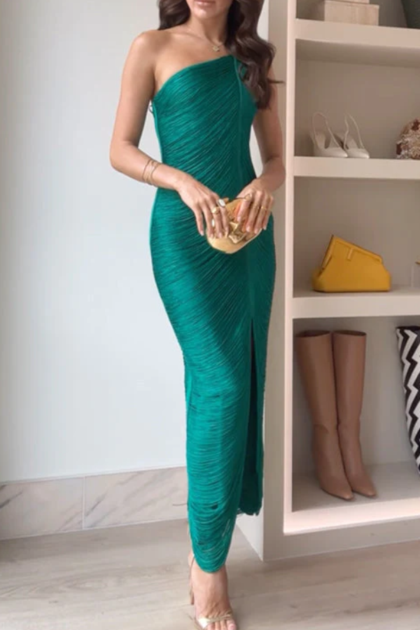 THE JANICE | ONE SHOULDER SLIT FRINGE MAXI DRESS
