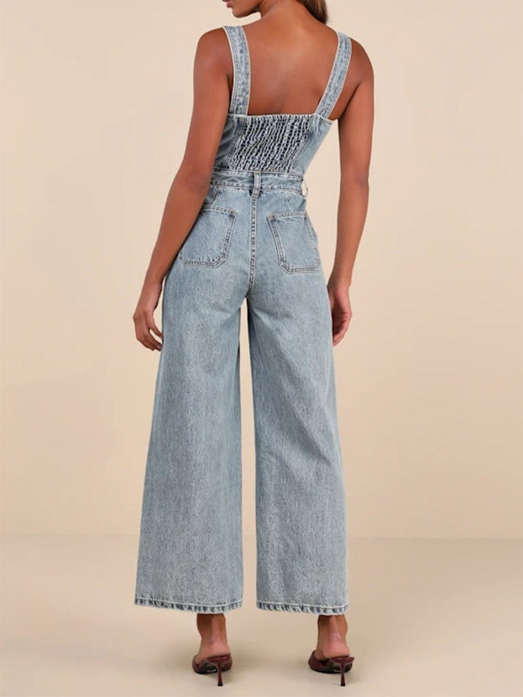 THE DELARA | LIGHT WASH DENIM BUSTIER JUMPSUIT