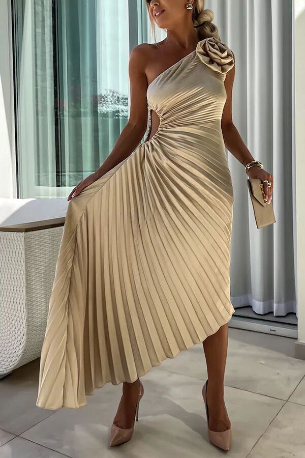 THE ROMANTIC | SATIN RAISED ONE SHOULDER PLEATED MAXI DRESS