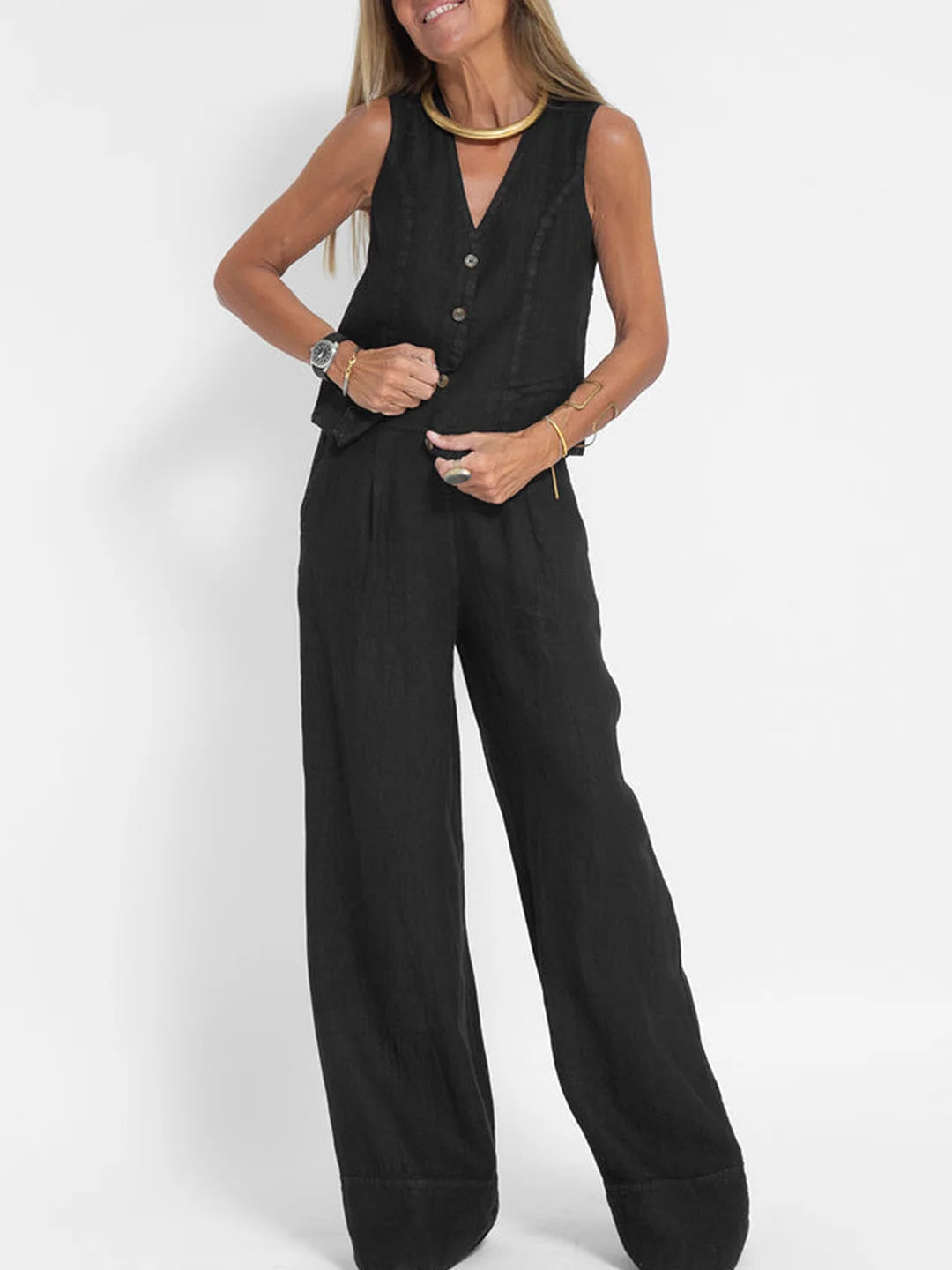 THE AIRA | BUTTONED VEST & WEDE-LEG TROUSERS ENSEMBLE