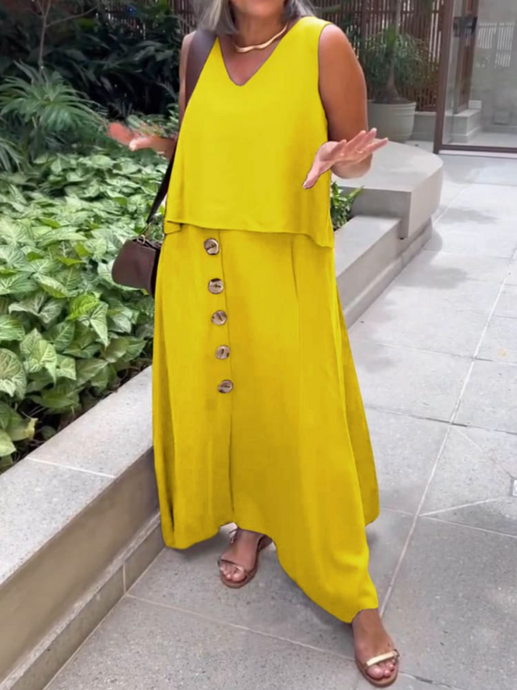 THE DALENYA | V-NECK SLEEVELESS TOP & BUTTON LINEN SKIRT SET